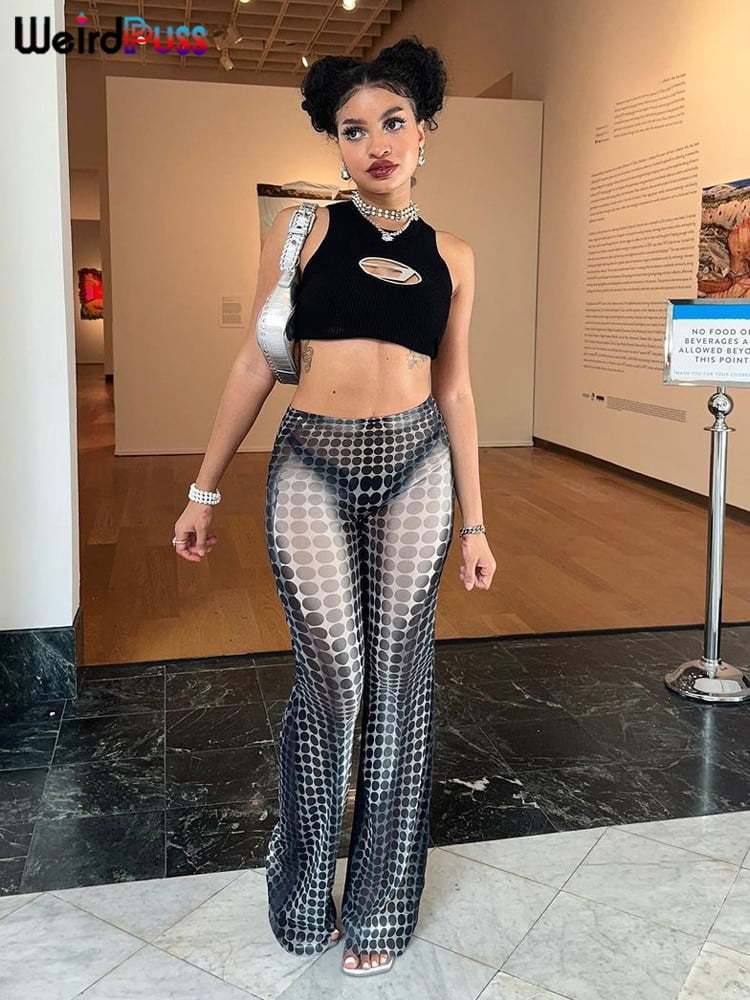 Pantalon évasé femme, transparent, Sexy, imprimé à pois, Streetwear, Chic, sauvage, Vintage, tendance, été, mince, taille haute 2
