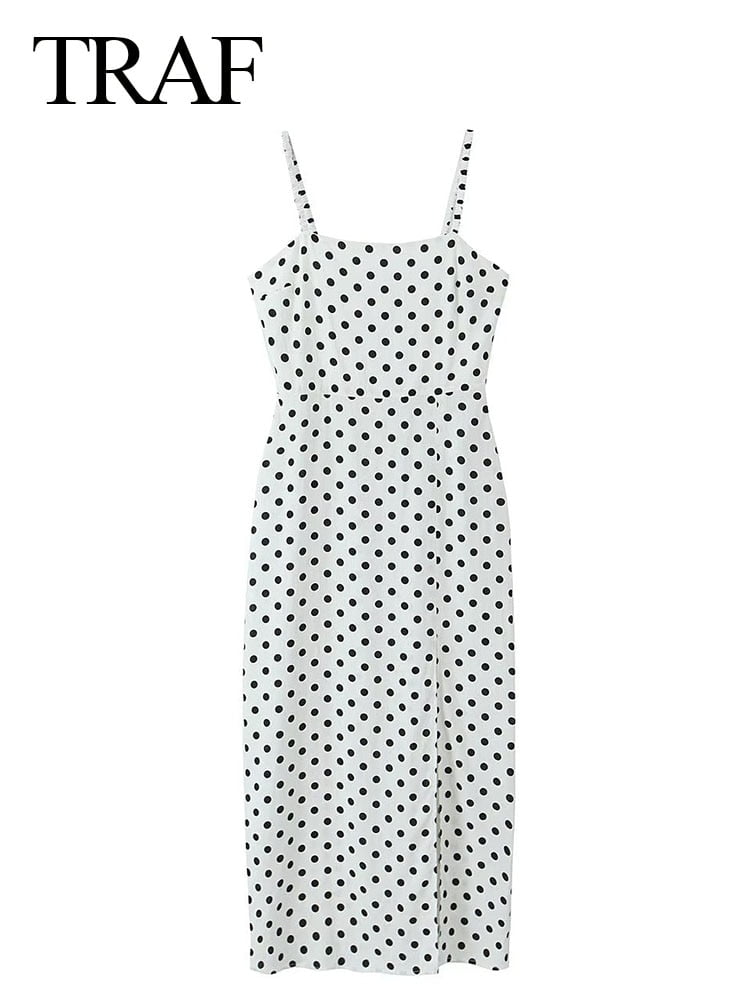 TRAF-Robe fendue à bretelles en fibre pour femme, robe mi-longue, pull à fermeture éclair, imprimé à pois noirs, mode d'été sexy, nouveau 2