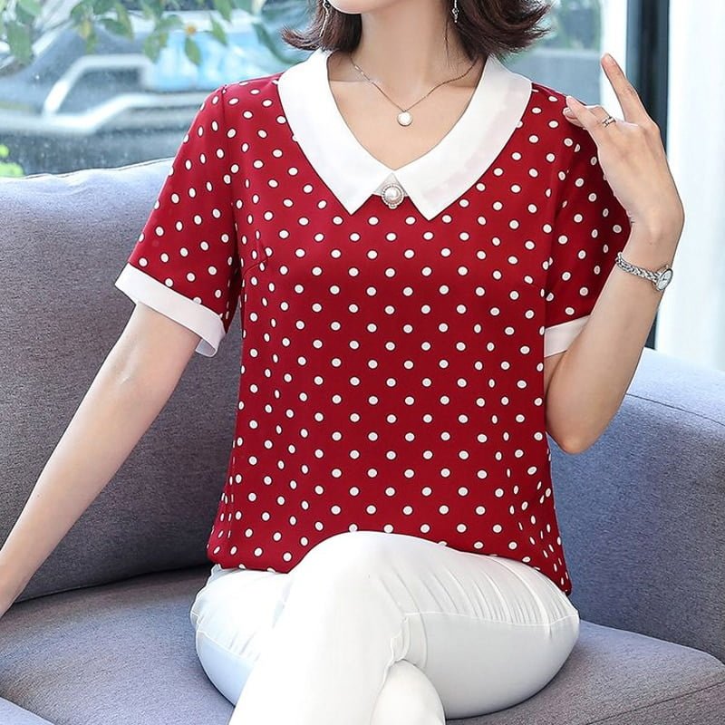 T-shirt à manches courtes à pois pour femmes, col en V, tout match, pulls grande taille, mode vintage, vêtements pour femmes, été, nouveau 2
