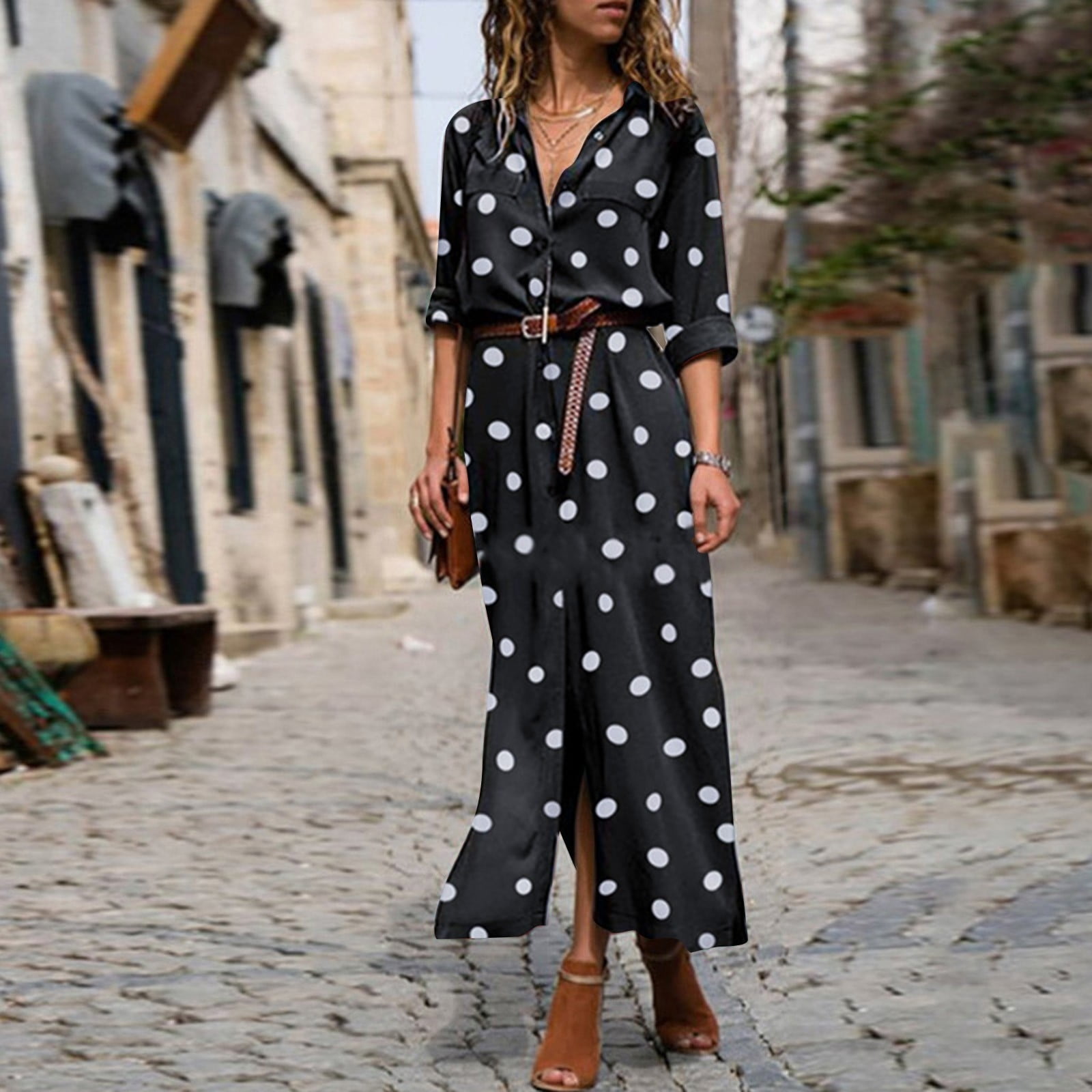 Robe chemise longue fluide pour femmes, imprimé à pois, vacances de plage, bouton, fente, col en V, robe longue pour dames, nouveau, pop, 2023 2