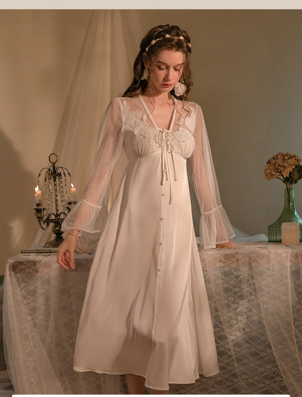 Pyjama en maille transparente pour femme, vêtements de détente blancs, tulle, manches à pois, satin blanc, robe de soirée pour copines, été 2