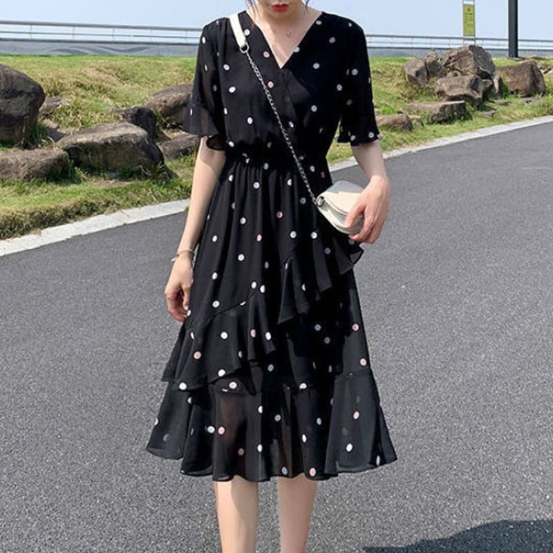 Robe Midi à pois pour femmes, élégante et à la mode, imprimée, manches courtes évasées, col en v, tunique ample, vêtements d'été, 2022 2