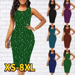 Robe verte sans manches à pois pour femmes, jupe droite imprimée, col rond, mode décontractée, longueur aux genoux, été, 2022 1