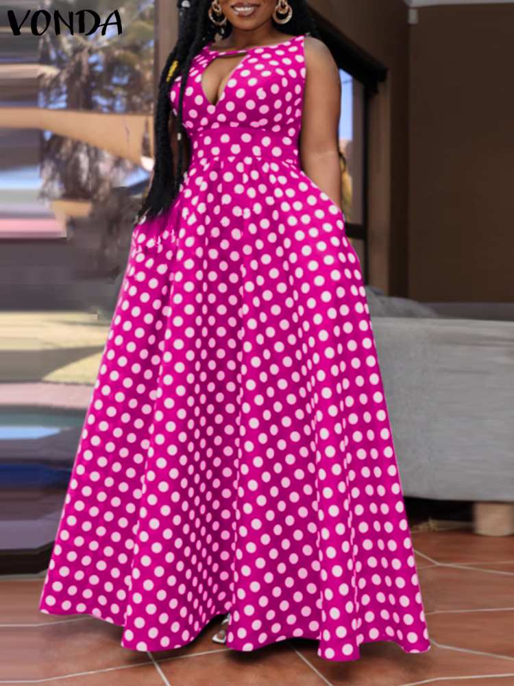 VONDASummer-Robe d'été maxi à pois pour femmes, robe bohème sexy, col en V, fibre creuse, vacances décontractées, robe de soirée élégante, 2023 2