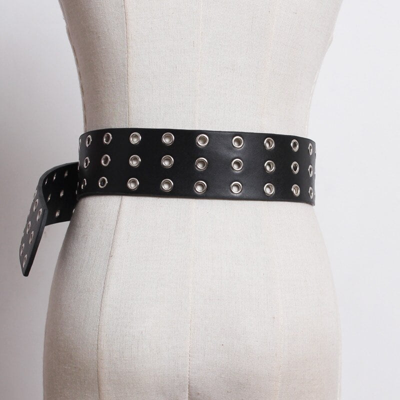 Ceintures pour femmes, nouveau Design, Punk argent boucle ardillon, ceinture creuse Rivet Faux cuir doux noir, sangle de taille, robe jean Double couche 2