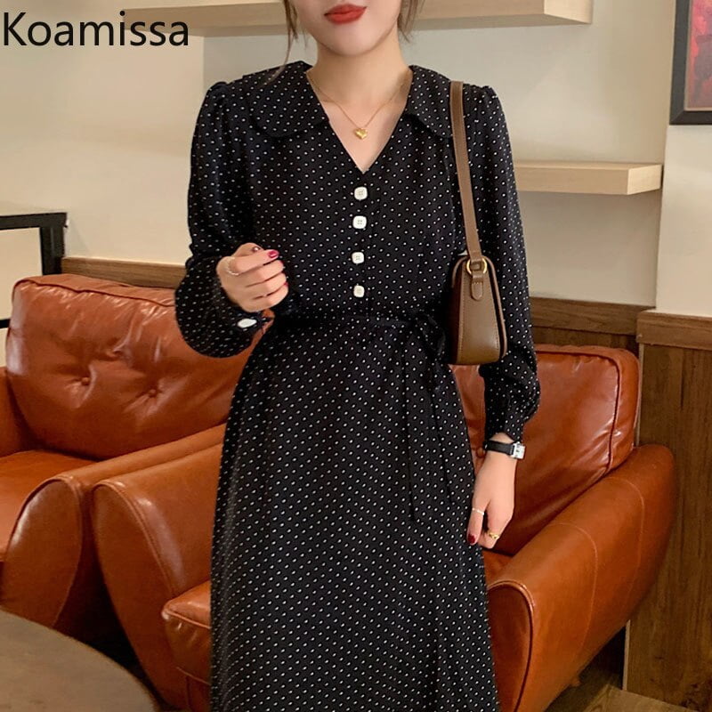 Koamissa – robe mi-longue en mousseline de soie, manches longues, à pois, Vintage, col Peter pan, à lacets, printemps automne, 2022 2