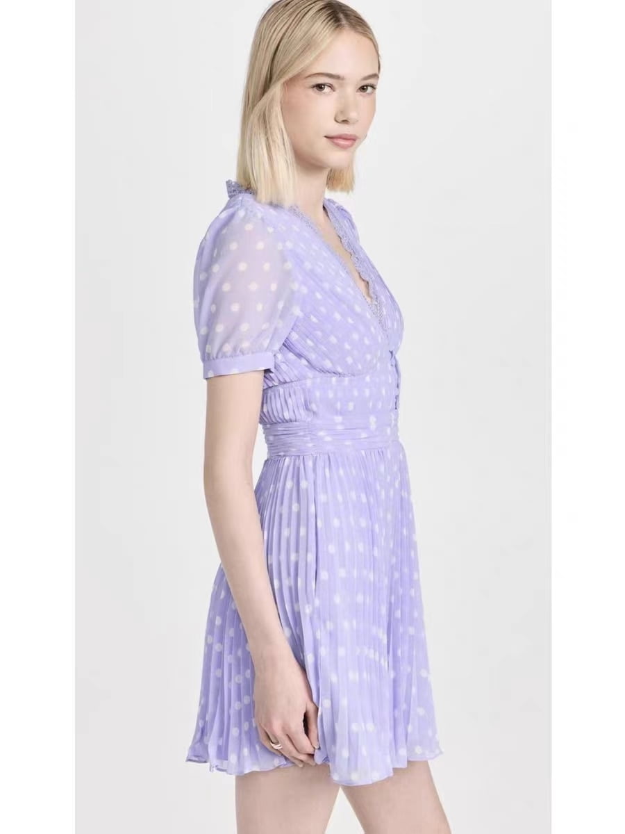 Robe Plissée à Pois en Mousseline de Soie et Dentelle pour Femme, Col en V, CAN ac, Été 2023 2