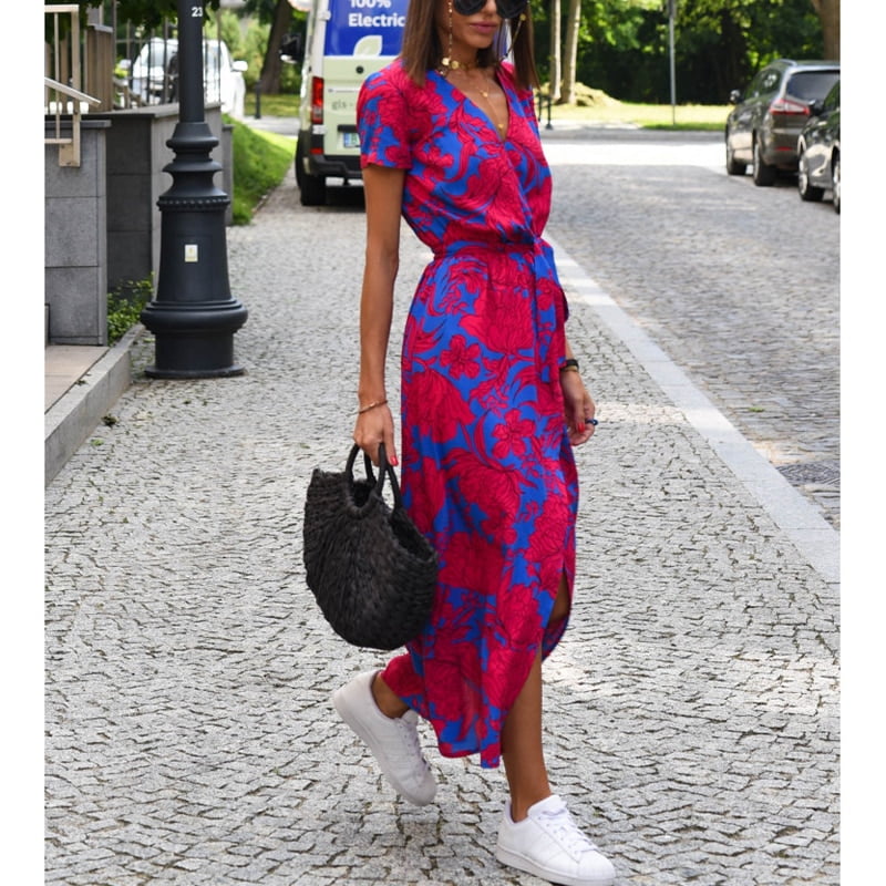 Robe longue imprimée à la fleur en V Neck Dot Dot Perts Split Lace Robe Femme Femme Casual Short-Sleeved Street Vêtements Robe de plage Vestidos 2