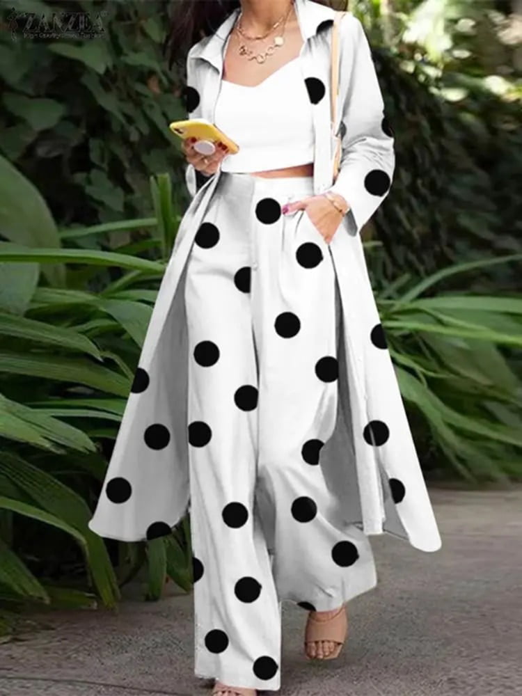 Yeezzi-Ensemble deux pièces à pois pour femme, manches longues, revers, pantalon large, mode coréenne, élégant, 2023 1