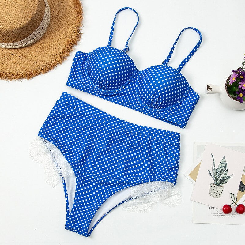 Maillot de bain en maille, imprimé à pois, taille haute, soutien-gorge push up, en dentelle, monokini, pour femmes 2