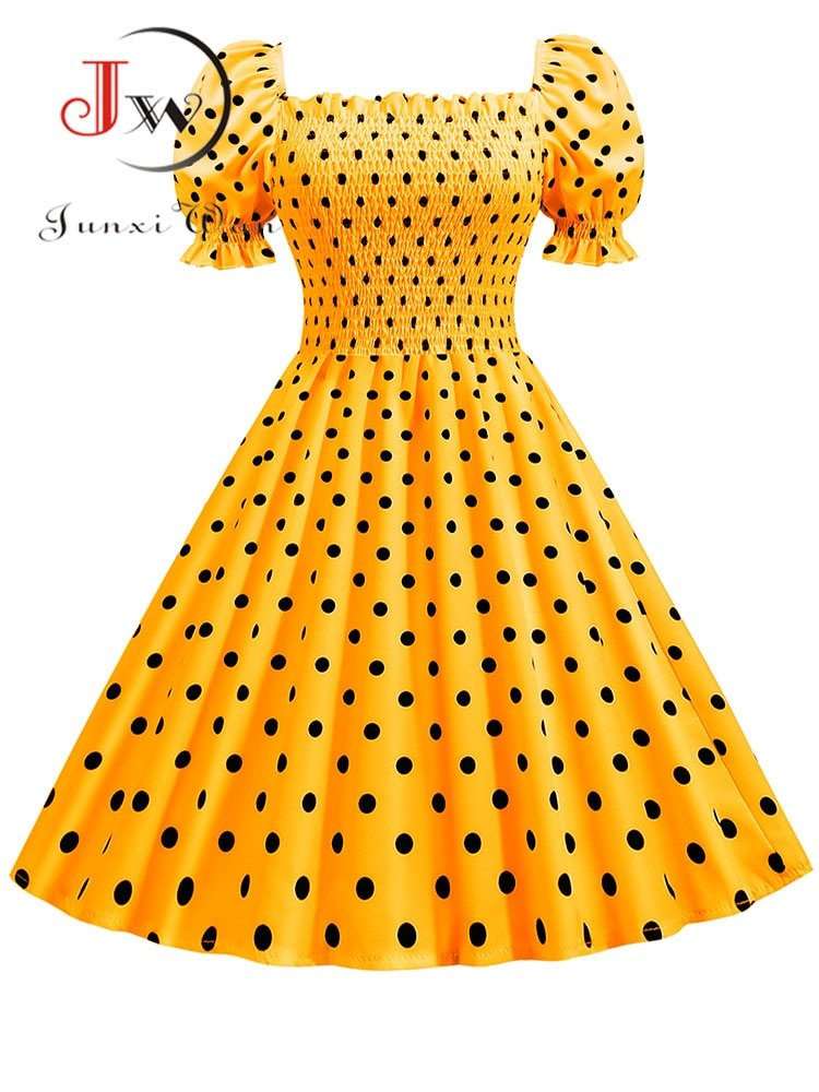 Robe de soirée élégante à pois pour femme, manches courtes bouffantes, col carré, taille élastique, vintage, midi, décontracté, plage, été 1