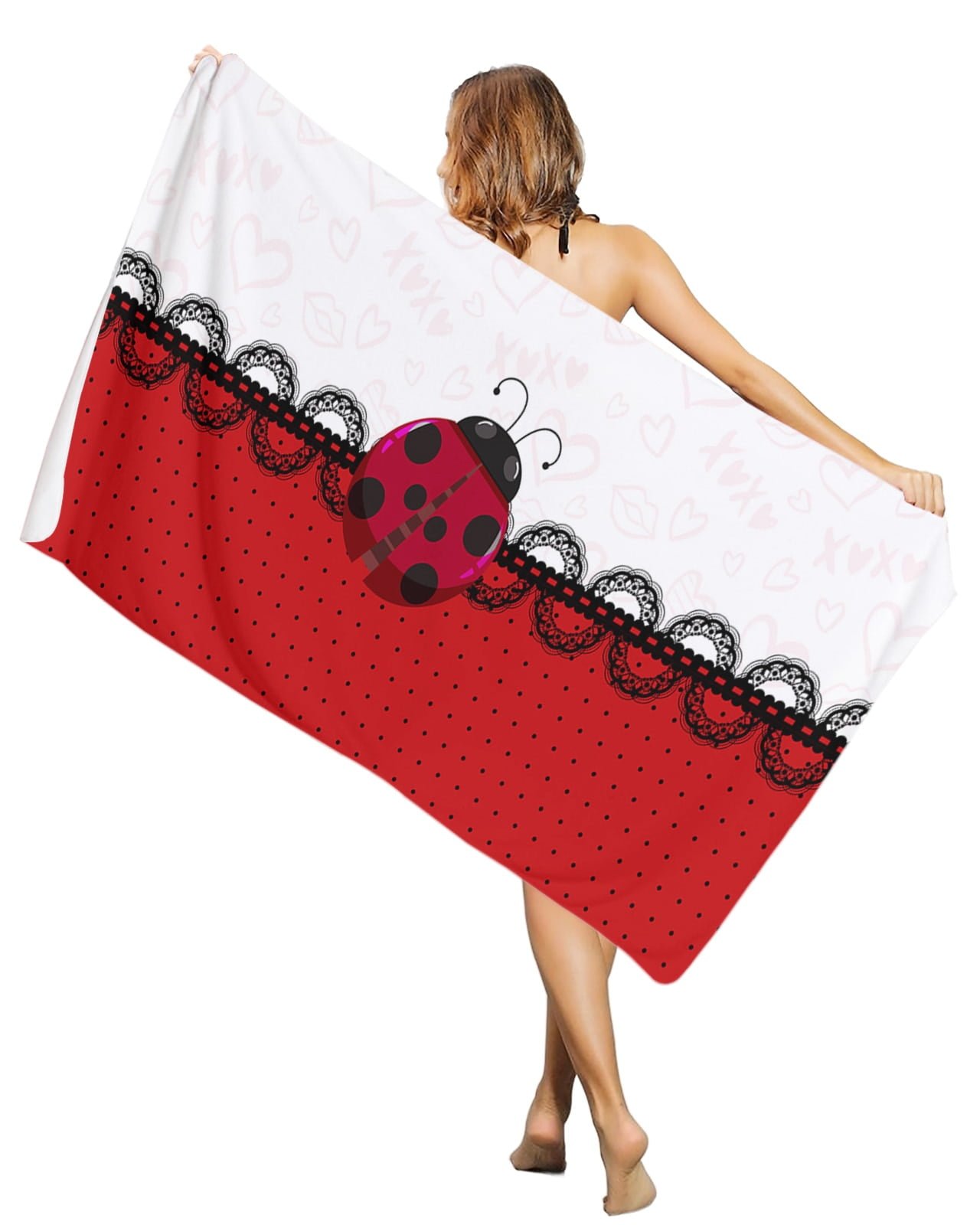 Serviette de Plage Légère Absorbante à Pois pour la Saint-Valentin, Coccinelle, Bergame, Sable Vert, Voyage 1