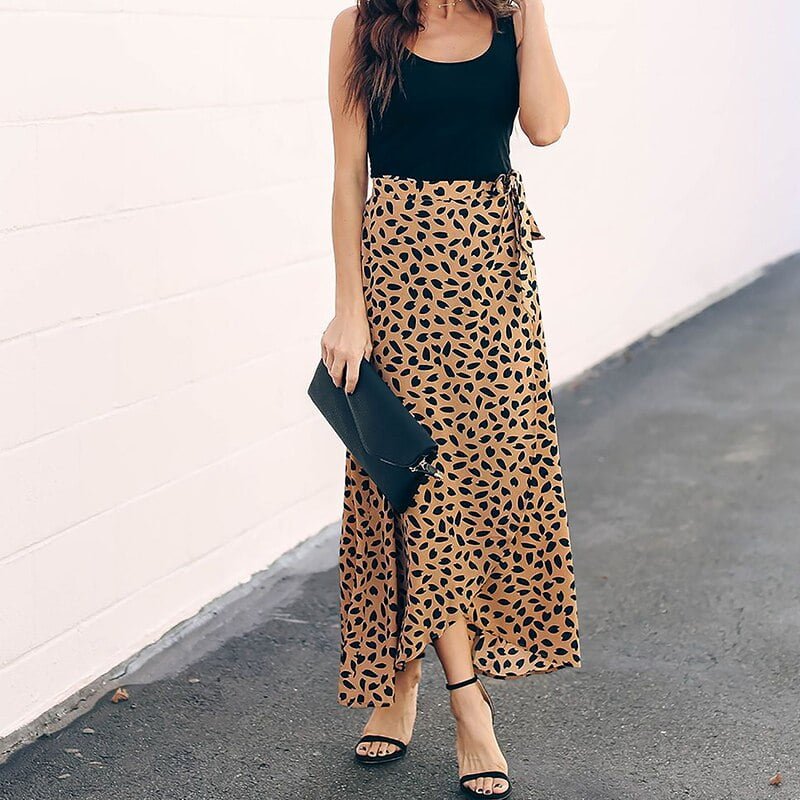 Jupe maxi à pois pour femme, blanc, noir, fendue, taille haute, soleil, esthétique, mode 2
