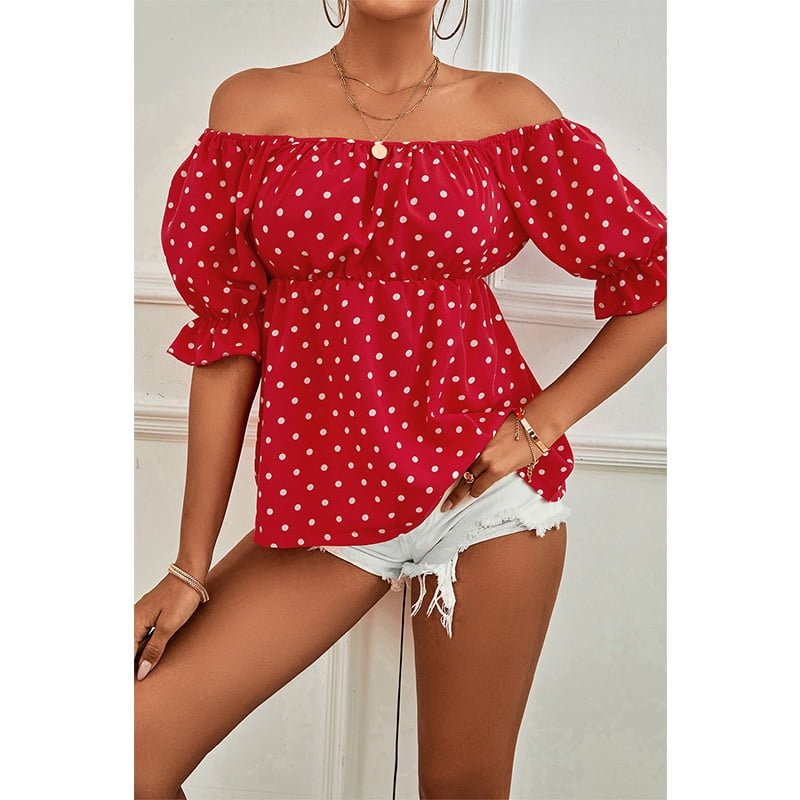 T-Shirt à manches courtes et bouffantes pour femmes, pull-over décontracté, imprimé à pois, col un mot, ample, à la mode, été, 2022 2