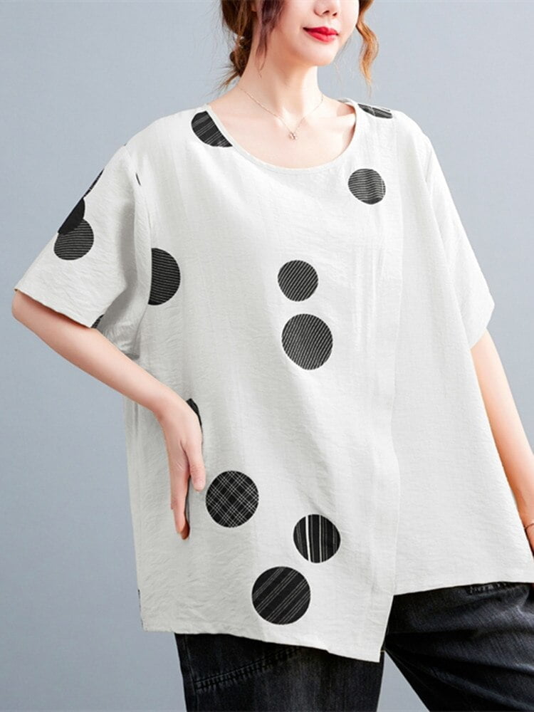 T-shirt en coton imprimé à pois pour femmes, décontracté, irrégulier, patchwork, coréen, dames, été, nouveau 2