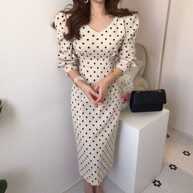 Atus anight-Robe longue vintage élégante à pois pour femmes, manches longues, col en V, mince, à lacets, éducative, nouvelle mode, printemps, automne 2