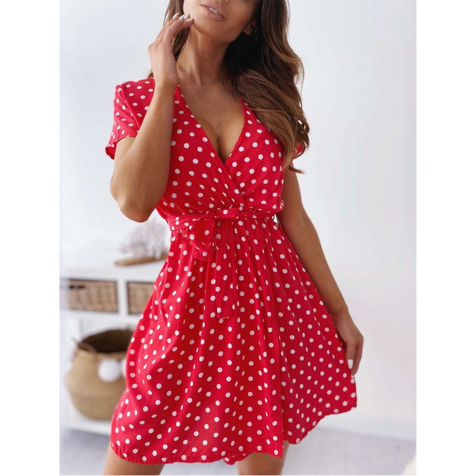 Robe trapèze à lacets à col en V pour femmes, robe mi-longue, imprimé à pois, vintage, sexy, élégante, manches courtes, taille mince, été 1