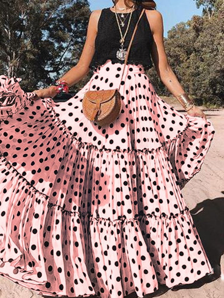 Jupe longue vintage à pois pour femmes, jupe maxi à volants, taille haute, tendance bohème, vêtements de festival de dégradation, mode Y2K, été 2023 2
