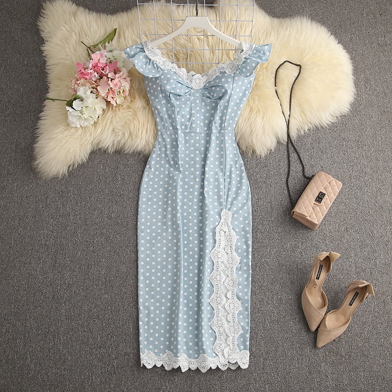 ALPHALMODA-Robe en dentelle à pois pour femme, épaules dénudées, fente haute, sexy, classique, nouveau, été, 2021 2