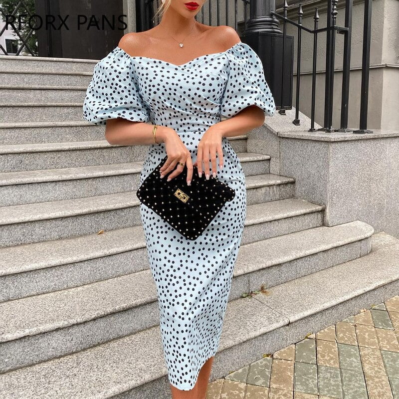 Robe de soirée mi-longue élégante pour femme, manches mi-lanterne, pois, batterie trapèze, robe de soirée formelle 1