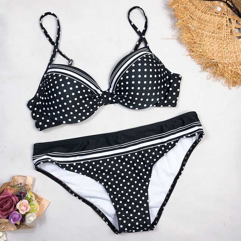 Maillot de bain noir sexy à pois pour femmes, taille haute, fendu, soutien-gorge push up, rembourré, ensemble deux pièces, 2023 2