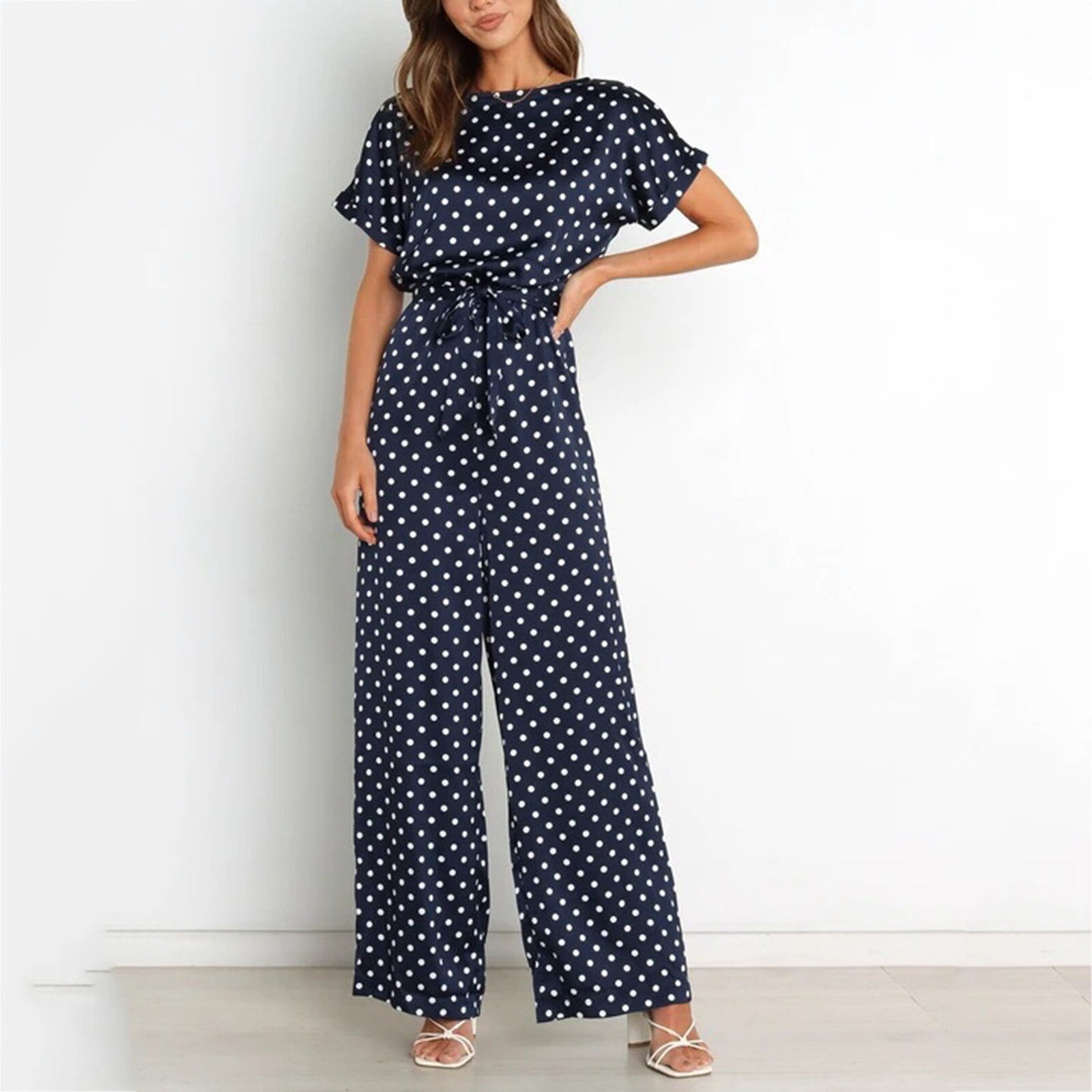 Combinaison longue à pois pour femmes, combishort décontracté, bohème, imprimé à pois, barboteuse, col rond, jambe large, indépendant, fête 2