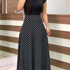 Robe longue à manches courtes et col rond pour femmes, imprimé à pois, patchwork, décontracté, taille haute, style bohème, plage, maxi, vintage, été 1
