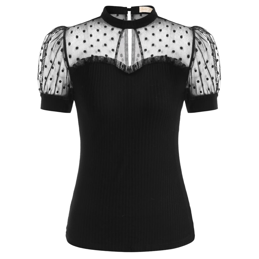 Tunique Vintage rétro à pois en maille pour femmes, chemise transparente des années 1950, hauts Patchwork, chemisier Rockabilly A50 1
