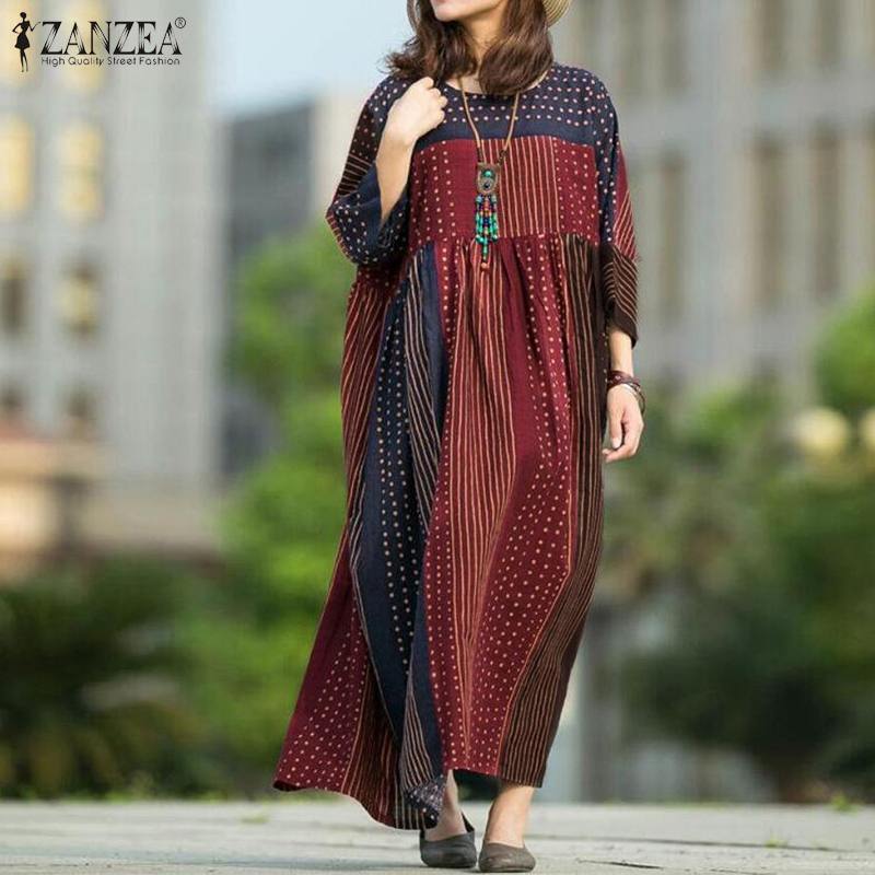 ZANZEA-Robe bohème à manches longues pour femmes, imprimé à pois, patchwork vintage, robe de soirée, robe d'été caftan 2