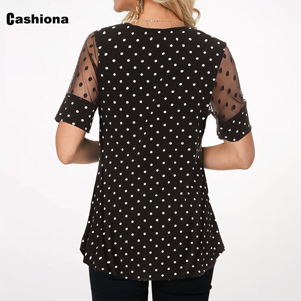 Tunique en maille patchwork pour femmes, col rond, grande taille 5XL, décontracté, manches courtes, imprimé à pois, t-shirt surdimensionné, été, Y-2020 2