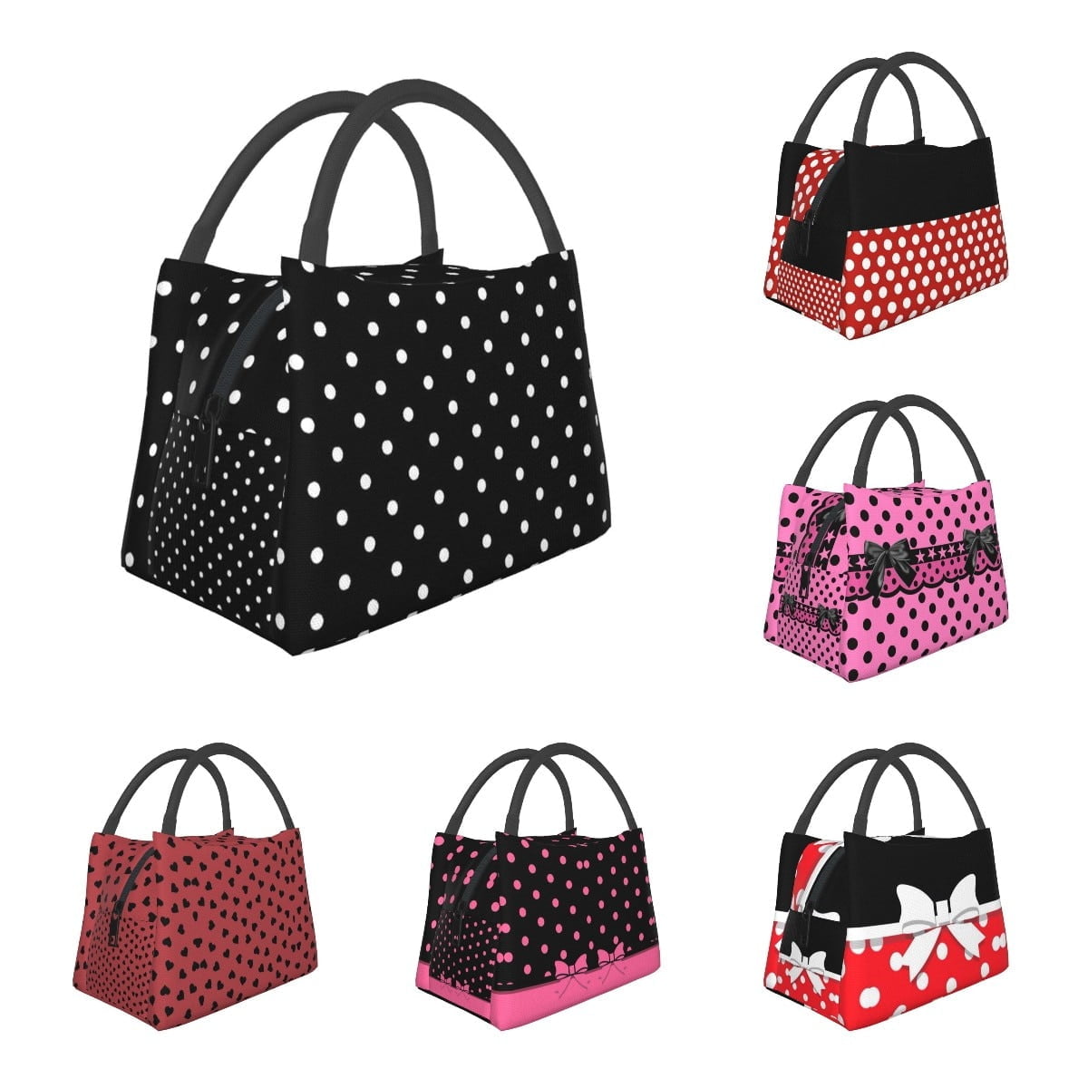 Sac à Lunch isotherme réutilisable à pois blancs et noirs pour hommes, fourre-tout isotherme à pois imprimés de dessin animé, mignon, pour le travail, le bureau, l'école, le pique-nique 1
