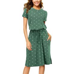 Robes d'été à pois pour femmes, col rond, taille ajustable, mi-longue, vague, manches courtes, taille fine 1