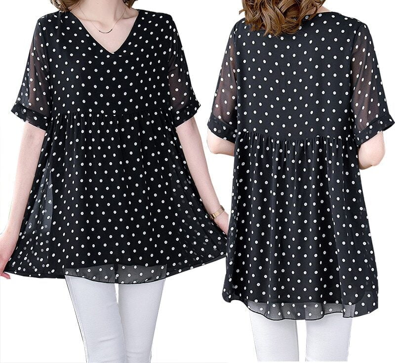Robe en mousseline de soie à manches courtes pour femmes, chemises féminines, chemisier et haut, mode décontractée, imprimé à pois, col en V, été, Y-2022 1