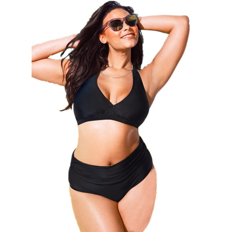 Maillot de bain grande taille pour femmes, bikini vintage, taille haute, à pois, imprimé, col licou 2