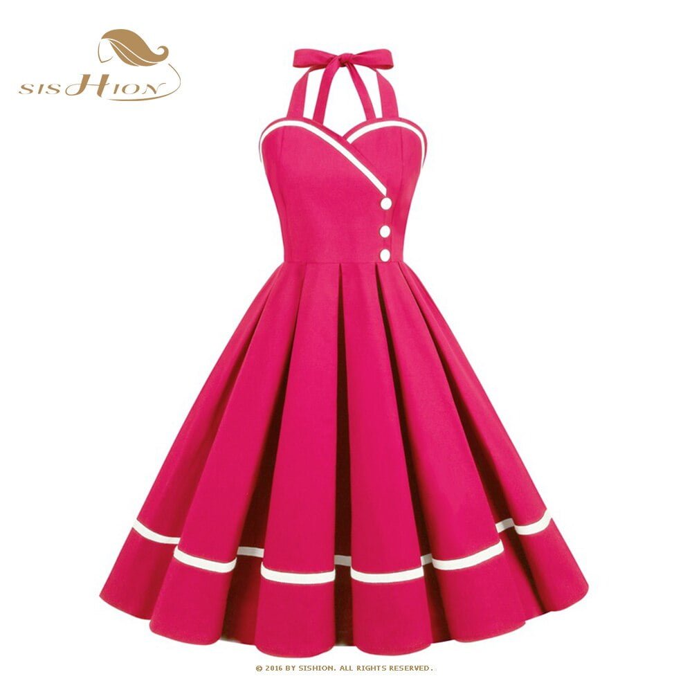Robe Pin Up Rockabilly pour Femme, Tenue de Soirée Vintage, Plissée, Sans Bretelles, en Coton, Rouge, Vert, Rose, Col en V, Années 50 et 60, VD3319 1