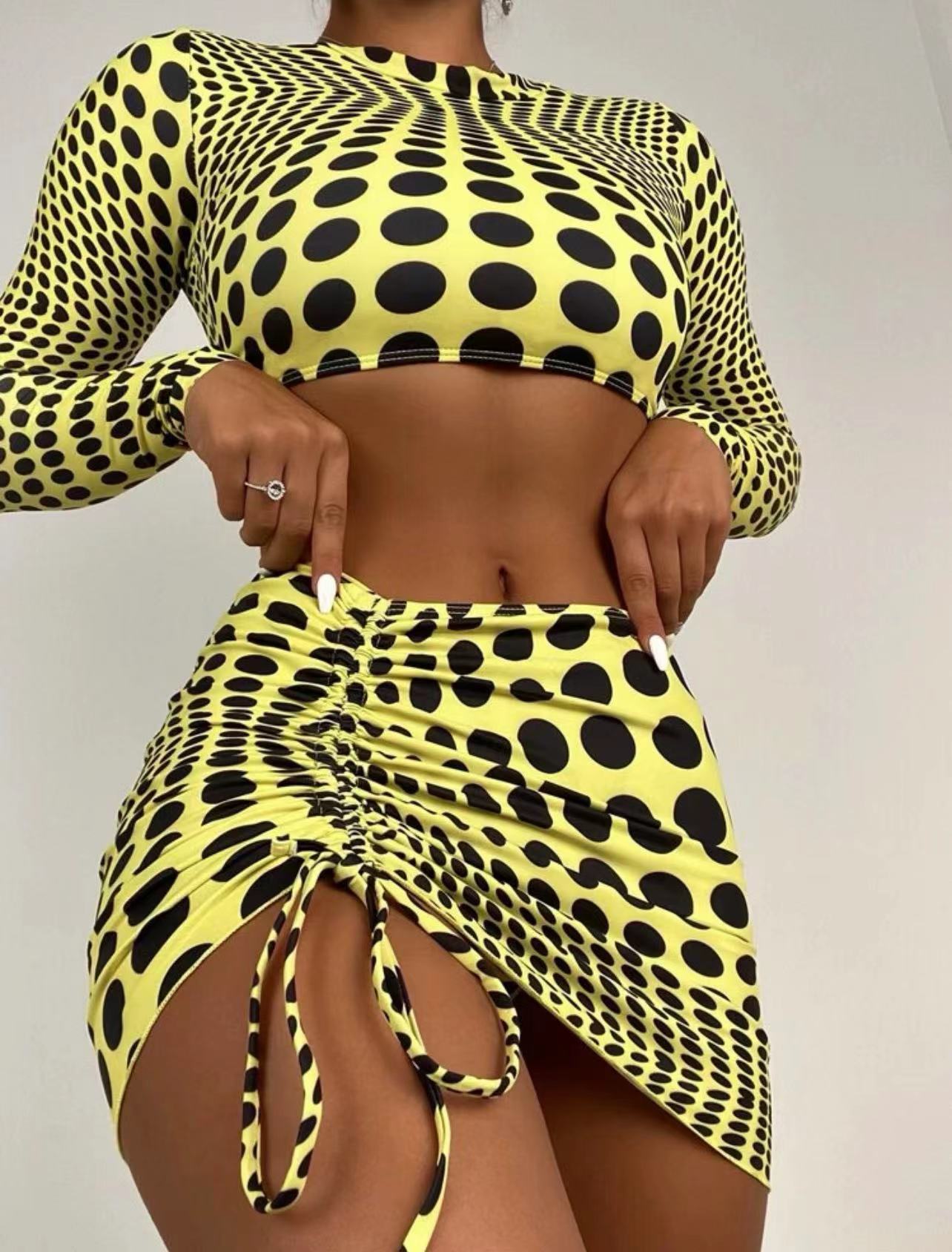 Ensemble de trois pièces en maille pour femmes, haut à pois, manches longues, à lacets, Push Up, rembourré, Triangle, Sexy, Bikini, nouvelle collection, 2023 2
