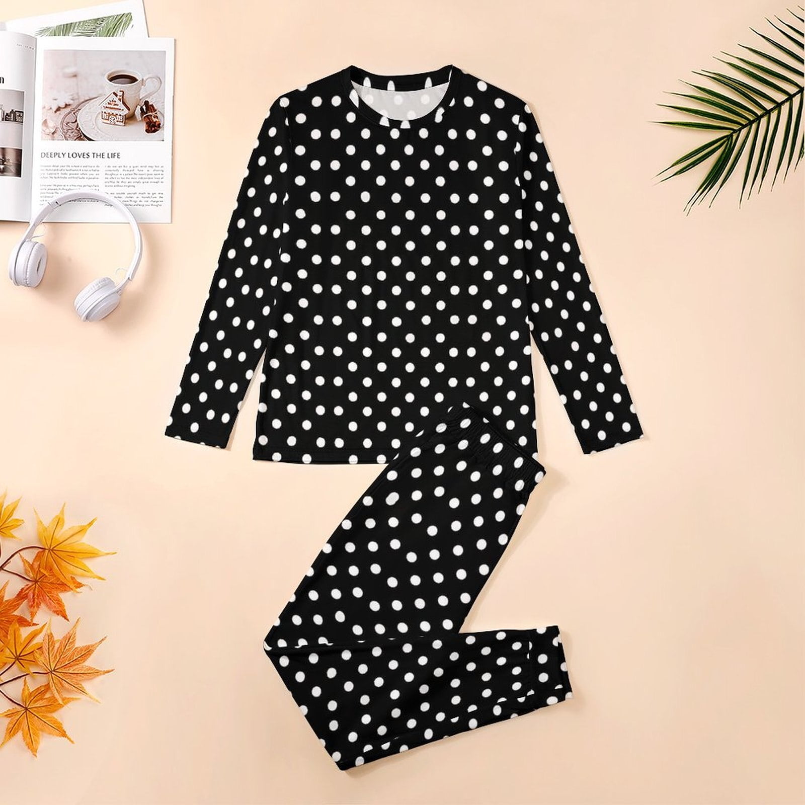 Ensemble de pyjama imprimé rétro à pois pour hommes, vêtements de nuit mignons, manches longues, décontracté, noir, blanc, 3XL, 4XL, 5XL, 2 pièces, hiver 2