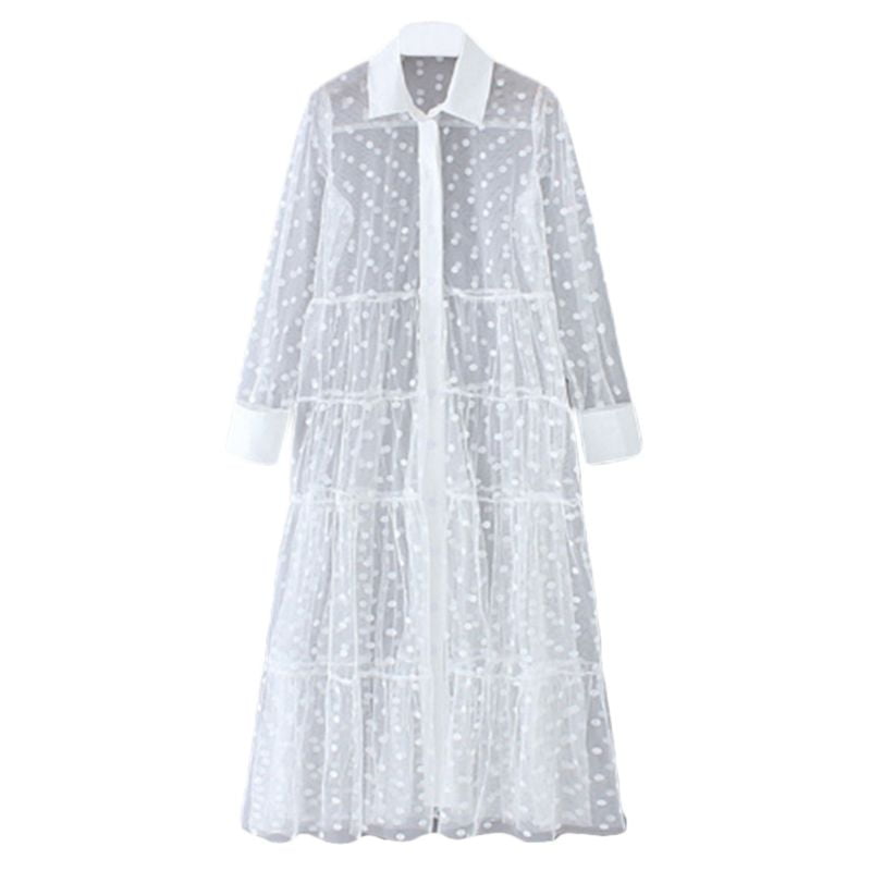 Robe longue en maille transparente à pois pour femmes, col à revers, boutons, Cover up 2