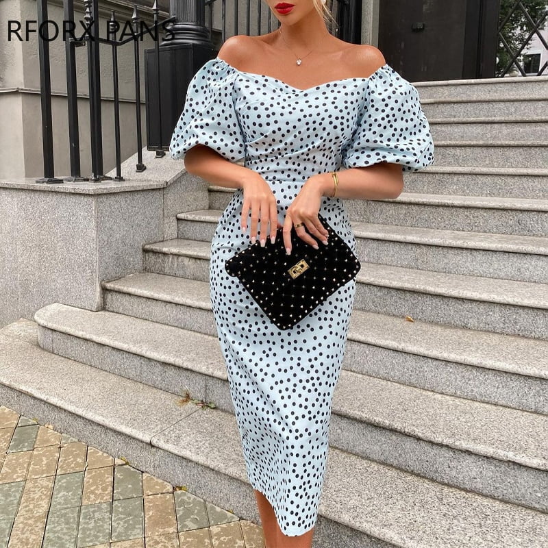 Robe de soirée mi-longue élégante pour femme, manches mi-lanterne, pois, batterie trapèze, robe de soirée formelle 2