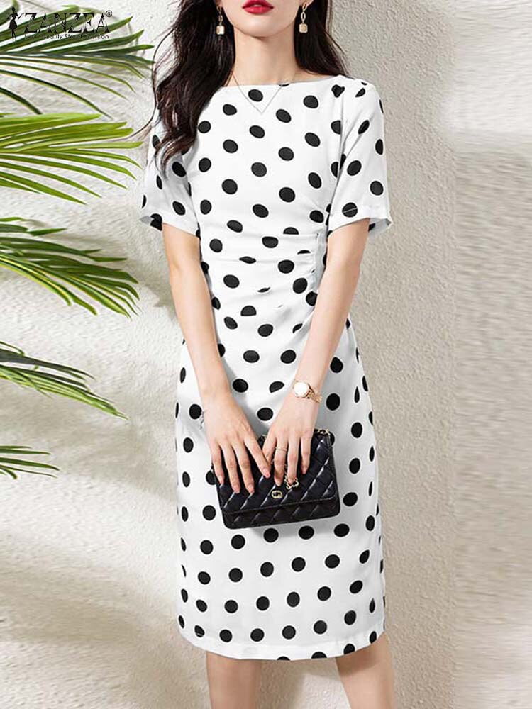 ZANZEA-Robe d'été bohème à pois pour femmes, col rond, vintage, vacances, slim plissé, décontracté, longueur au genou, robe élégante, été, 2023 2