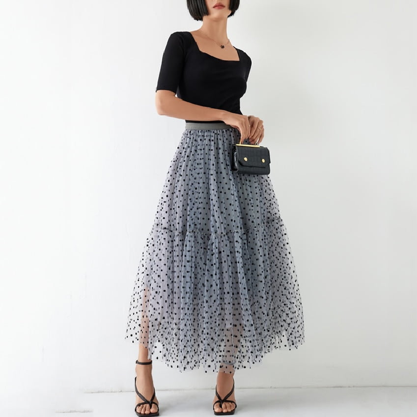 Jupe mi-longue en tulle à pois pour femmes, jupe mi-longue blanche, taille haute élastique, tutu en maille plissée, dames coréennes mignonnes, été 2