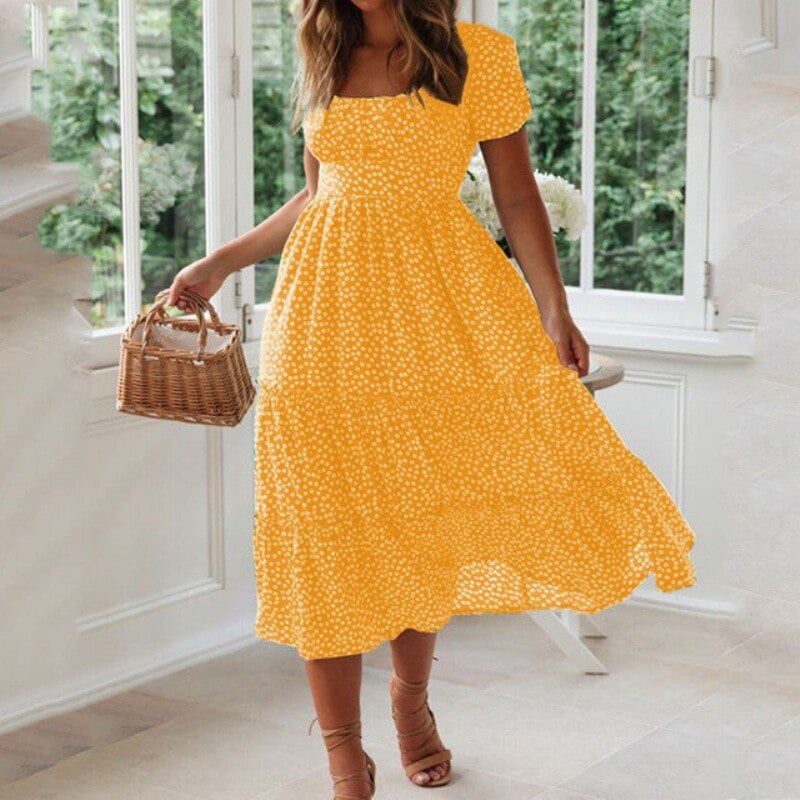 Femme Robe Tunique Boho Printemps Été Manches Courtes Col Carré Petit Imprimé Pois Longueur Genou Robes De Soirée CK-3474 2