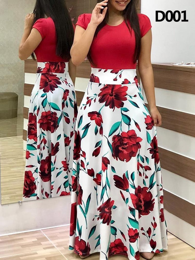 Robe longue à manches courtes et col rond pour femmes, imprimé à pois, patchwork, décontracté, taille haute, style bohème, plage, maxi, vintage, été 2