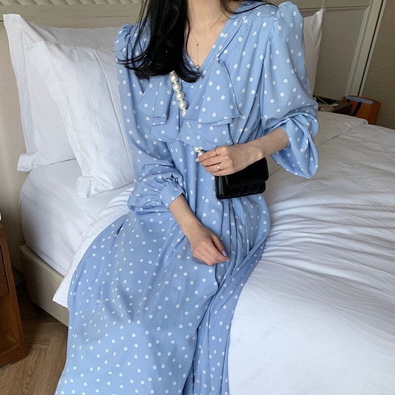 Atus anight-Robe à volants irréguliers à pois bleus pour femmes, col en V, robe à manches bouffantes, chic, doux, doux, documents d'abonnés, coréen, nouveau, 2022 2