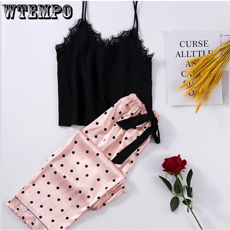 Pyjama trois pièces sexy en dentelle pour femmes, vêtements de nuit fins d'été décontractés, haut précieux, short et pantalon à pois, ensemble de pyjamas 2