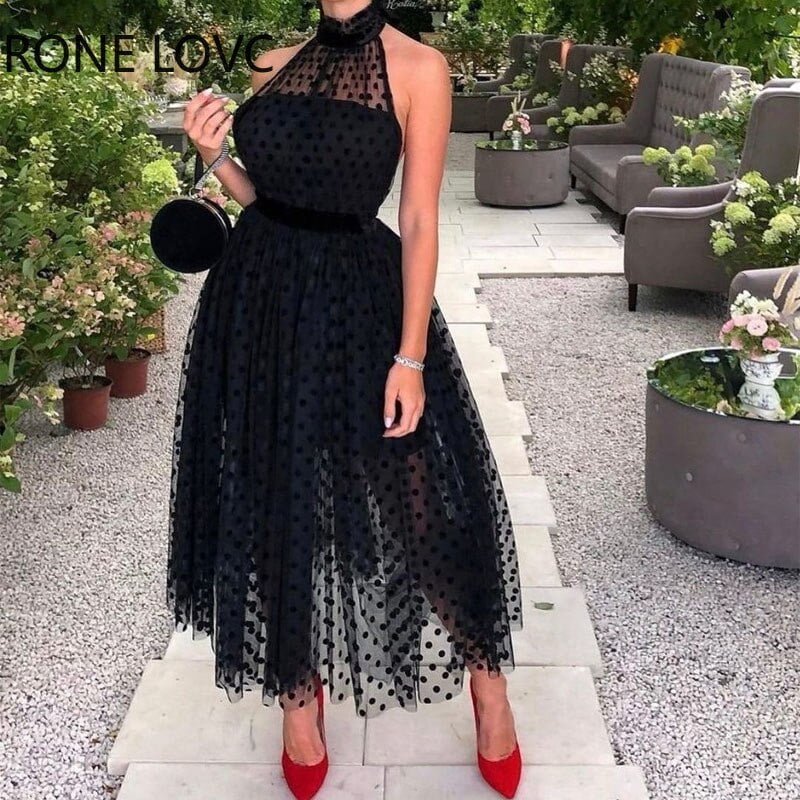 Robe mi-longue sexy à pois pour femmes, robes de soirée noires, monochromatique, licou, fibre trapèze 2