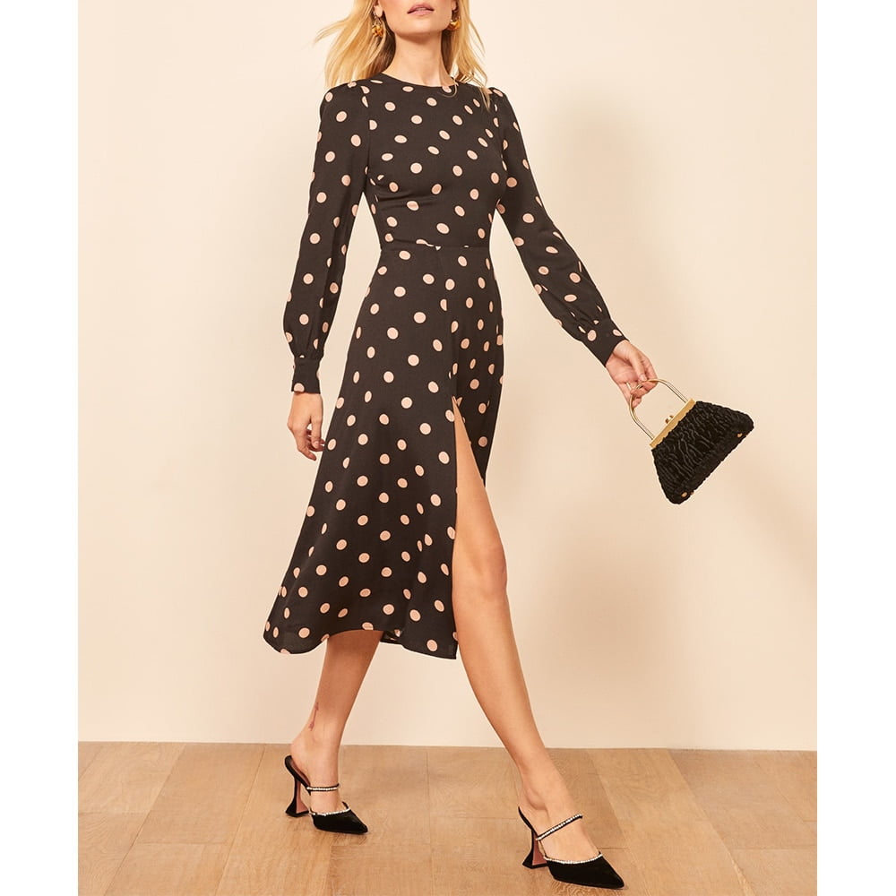 Robe à pois mode vetement femme 2021 printemps automne à manches longues fente latérale sexy robe mi longue élégante robe de bureau vintage 2