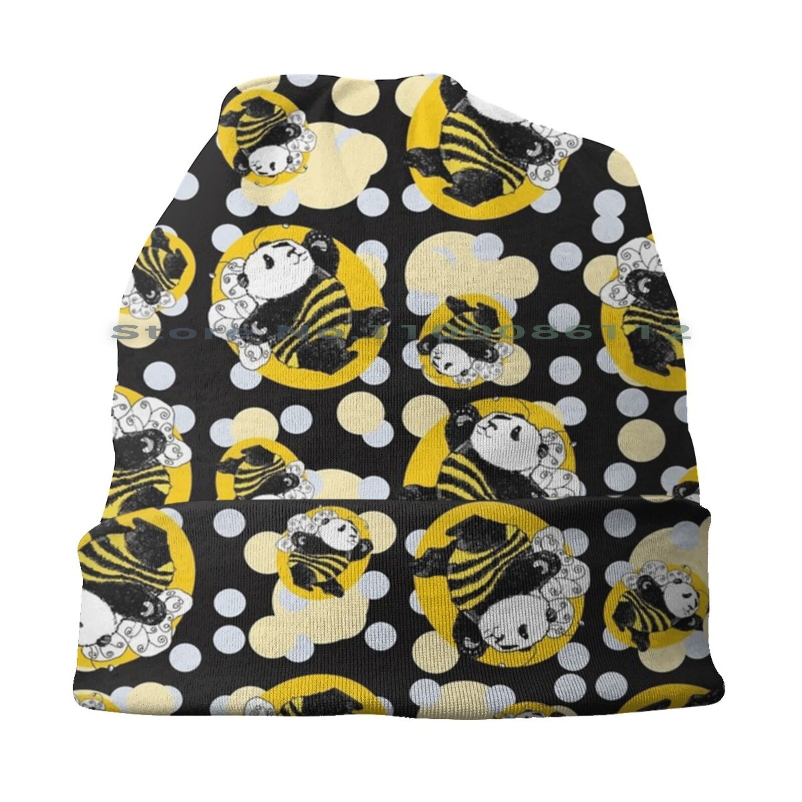Bonnet tricoté sans bords jaune, abeille, Panda, pois, animaux, damier, amusant 2