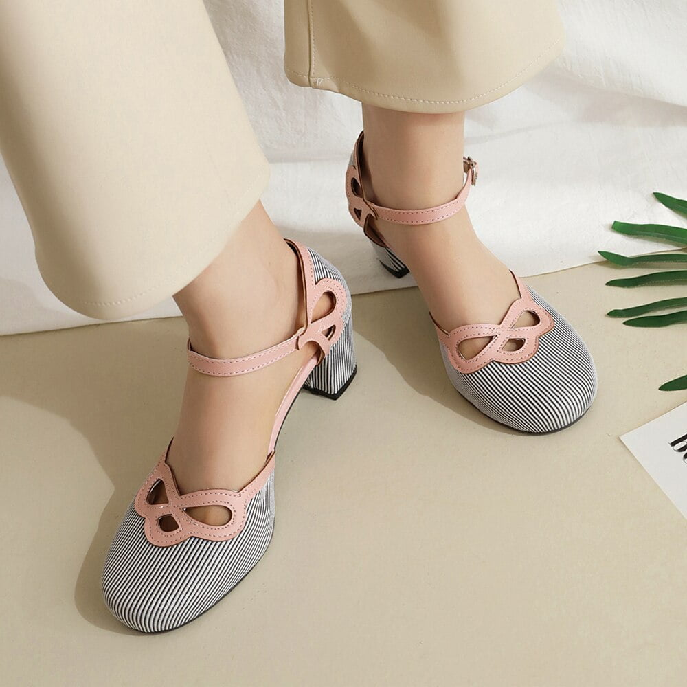Sandales rondes à pois pour femmes, escarpins à talons épais, talons hauts, boucle, chaussures de tous les jours à rayures, été 2