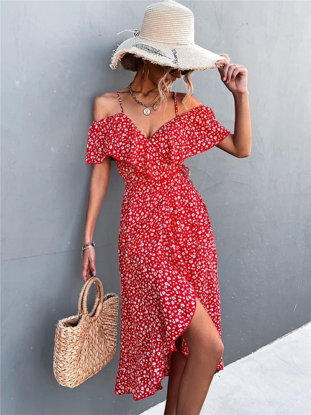 Robe longue sexy à fleurs pour femmes, modèle d'été, asymétrique, épaule dénudée, élégante, à bretelles, taille haute, irrégulière, 2022 1